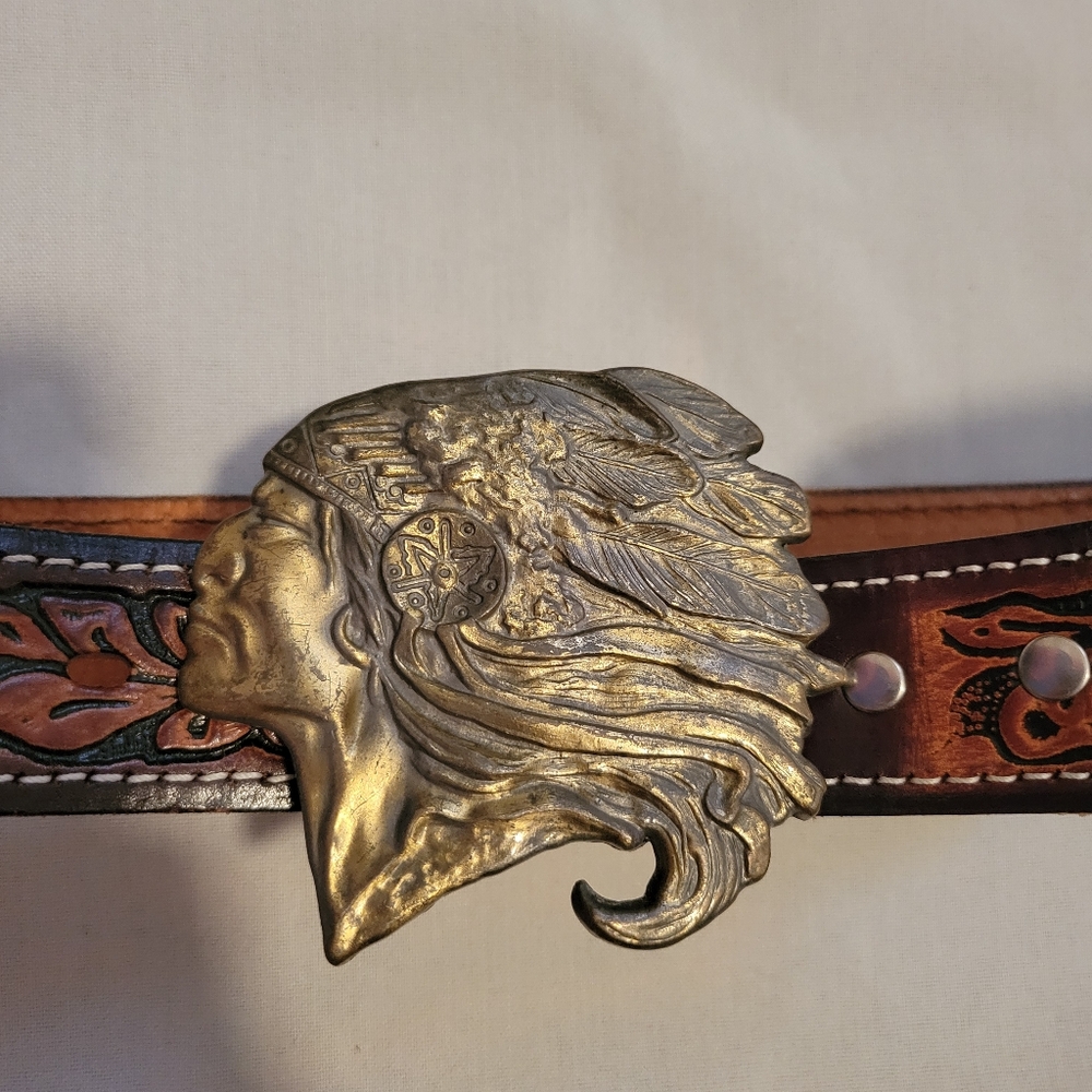 Vintage Native American Chief Genuine Leather Floral Engraved Belt